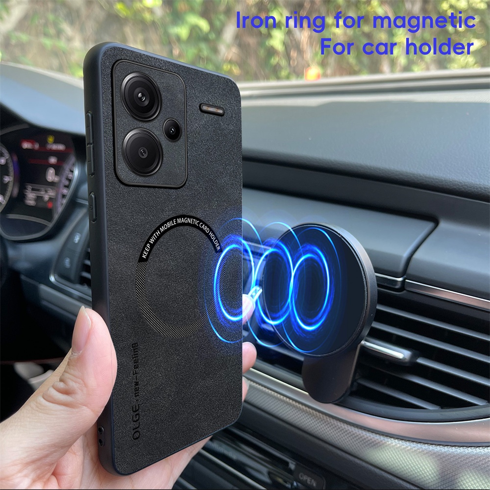 KHÔNG Dấu vân tay Vòng sắt da sang trọng cho Xiaomi Redmi Note 13 Pro + Plus 5G Giá đỡ ô tô Bảo vệ từ tính Vỏ sạc không dây