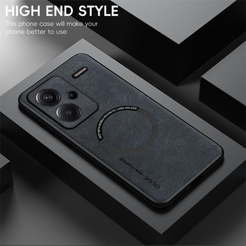 KHÔNG Dấu vân tay Vòng sắt da sang trọng cho Xiaomi Redmi Note 13 Pro + Plus 5G Giá đỡ ô tô Bảo vệ từ tính Vỏ sạc không dây