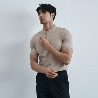 Ánh Sáng Mùa Hè Trưởng Thành Henry Cổ Áo polo Nam Slim-fit Đính Hạt Chống Nhăn Áo Thun Cổ Tròn Tay Ngắn Top