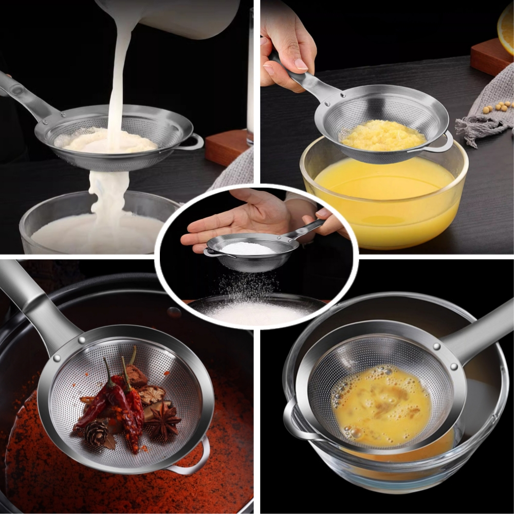 Dụng cụ lọc thực phẩm lưới mịn bằng thép không gỉ 304 đa năng, Dụng cụ làm bánh bền, chống rỉ sét, dễ làm sạch, Sàng lưới thủ công – Hoàn hảo để làm bánh tại nhà và lọc bánh mì ống