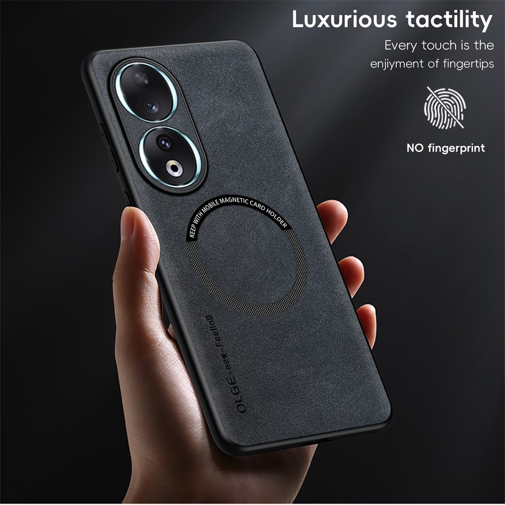 KHÔNG CÓ Vân Tay Da Sang Trọng Sắt Nhẫn Cho Huawei Honor 90 Pro Honor90 90Pro Giá Đỡ Ô Tô Bảo Vệ Từ Tính Vỏ Sạc Không Dây