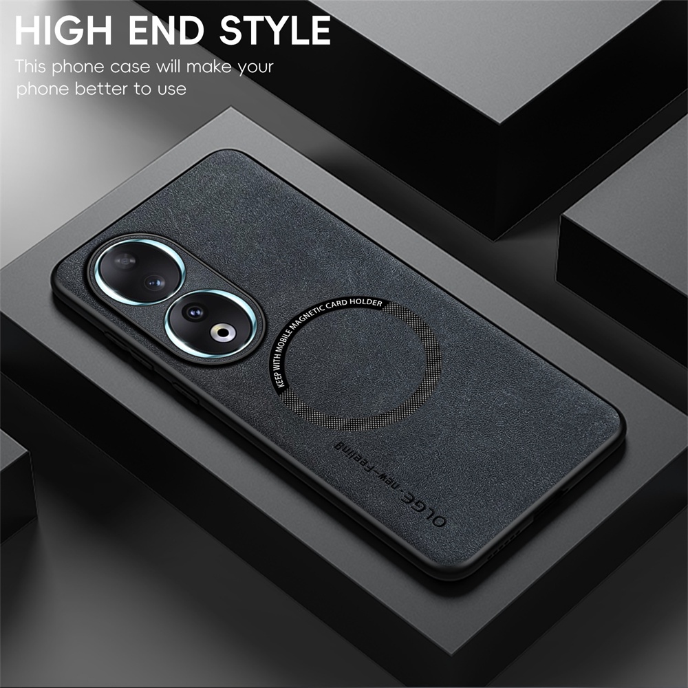 KHÔNG CÓ Vân Tay Da Sang Trọng Sắt Nhẫn Cho Huawei Honor 90 Pro Honor90 90Pro Giá Đỡ Ô Tô Bảo Vệ Từ Tính Vỏ Sạc Không Dây
