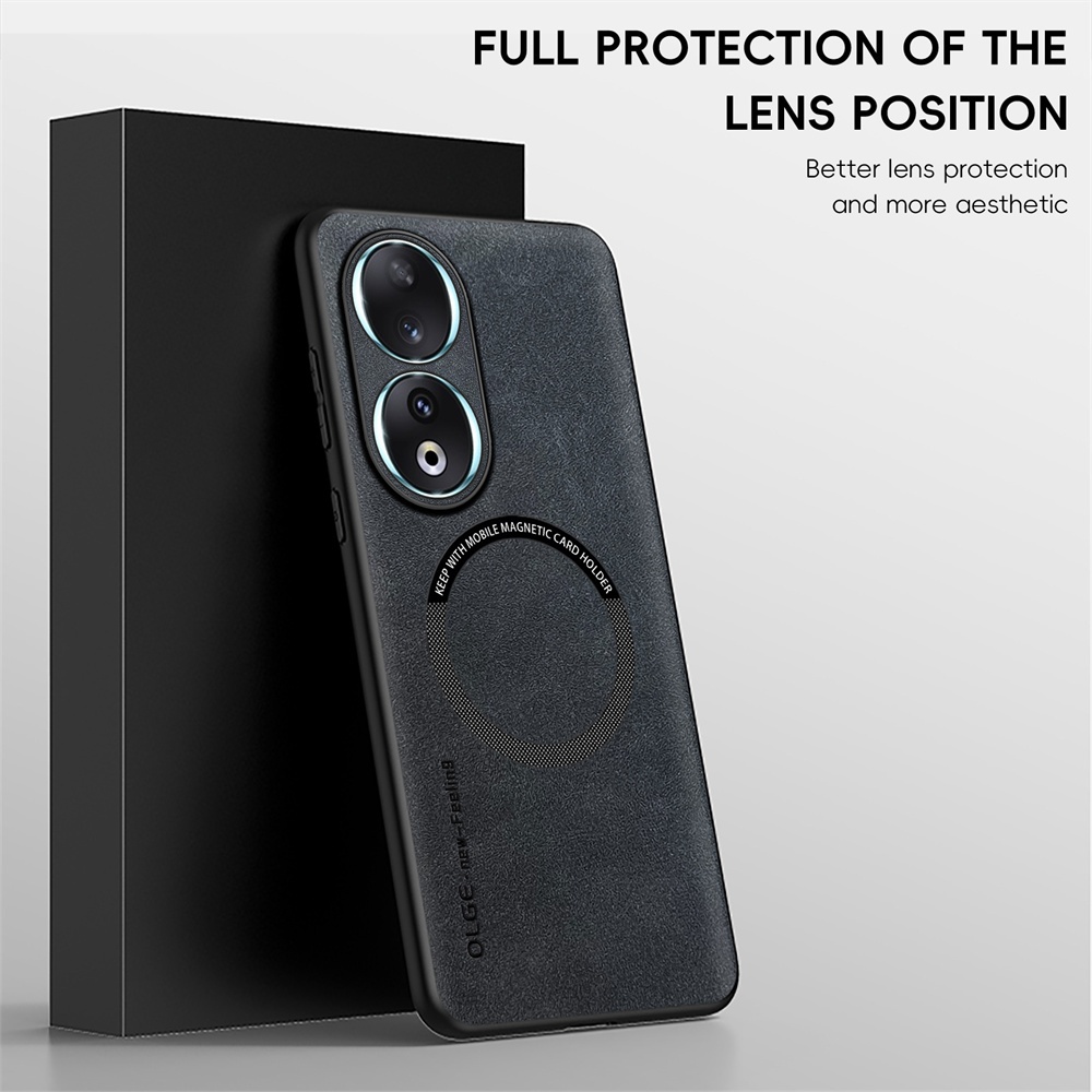 KHÔNG CÓ Vân Tay Da Sang Trọng Sắt Nhẫn Cho Huawei Honor 90 Pro Honor90 90Pro Giá Đỡ Ô Tô Bảo Vệ Từ Tính Vỏ Sạc Không Dây