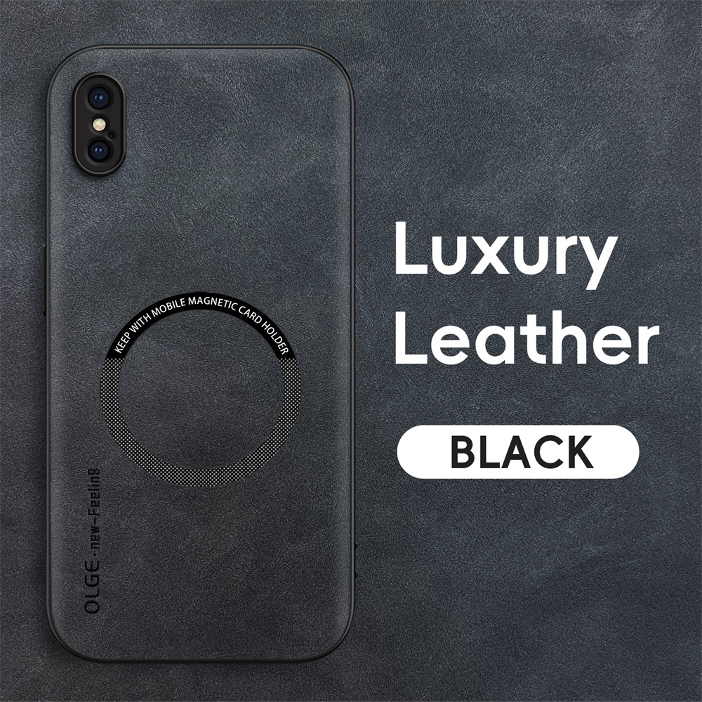 KHÔNG có dấu vân tay Vòng sắt da sang trọng cho iPhone X XS Max XR Giá đỡ ô tô Bảo vệ từ tính Vỏ sạc không dây
