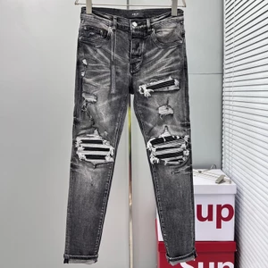 Thời Trang Đường Phố Mới Đen Xám Nam Quần Jean Nút Trước Đục Lỗ Miếng Dán Quần Jean Hip Hop Thương Hiệu Co Giãn Slim Fit Quần