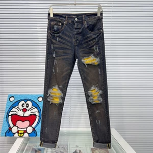 High Street Hợp Thời Trang Mới Retro Xanh Nam Quần Jean Nút Trước Đục Lỗ Miếng Dán Màu Vẽ Đàn Hồi Slim Fit Quần Jean Thiết Kế Hip Hop Thương Hiệu Quần