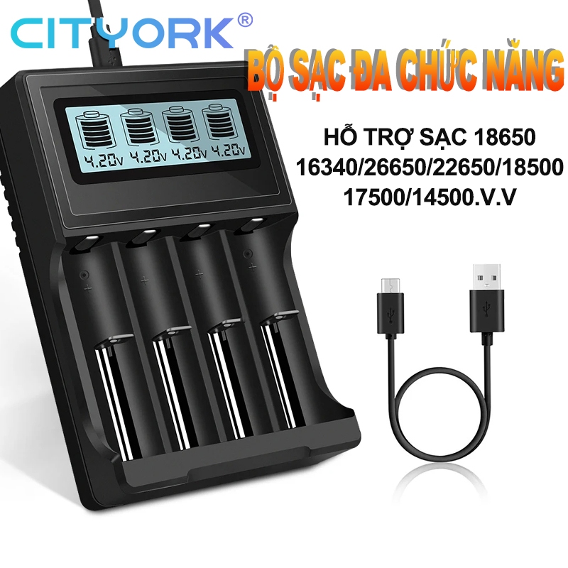 Bộ sạc pin CITYORK 18650 kèm sạc đa năng 3.7V cho pin 18650 20700 21700 ...