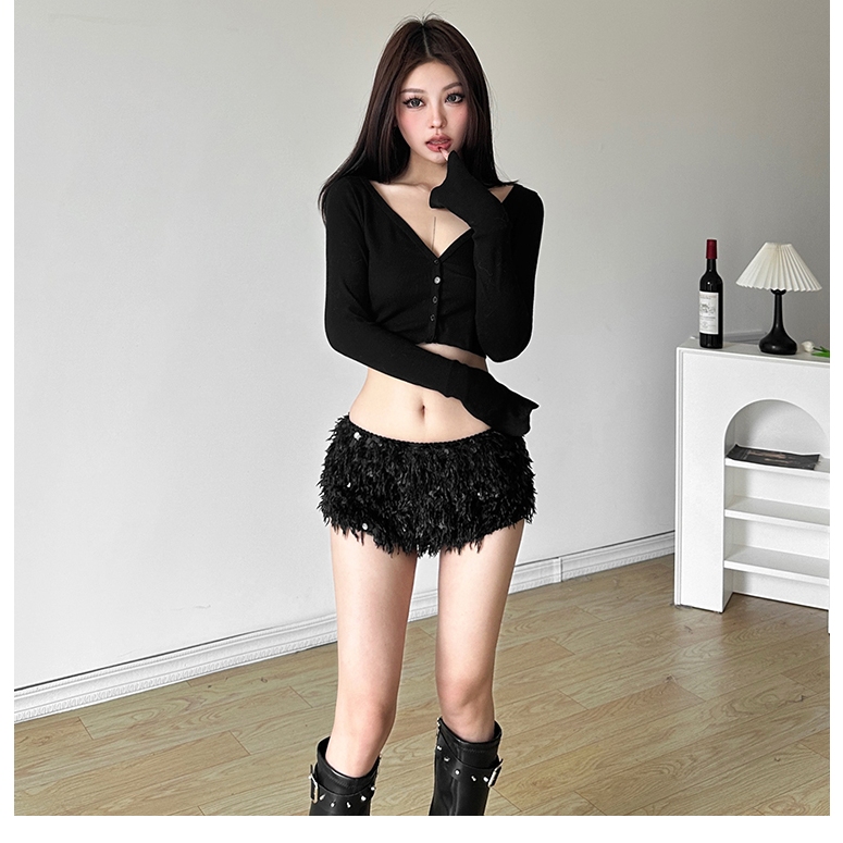 Cutenew Thời Trang Kim Sa Lấp Lánh Đen Quần Short Nữ Mùa Hè 2024 Cơ Bản Eo Thấp Slim Fit Quần Short Phong Cách Đường Phố