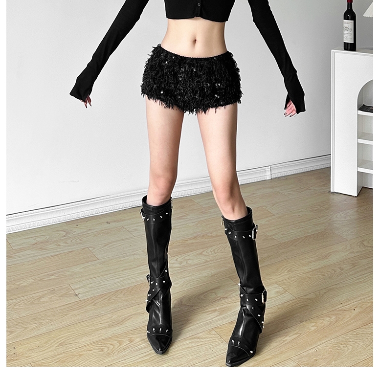 Cutenew Thời Trang Kim Sa Lấp Lánh Đen Quần Short Nữ Mùa Hè 2024 Cơ Bản Eo Thấp Slim Fit Quần Short Phong Cách Đường Phố