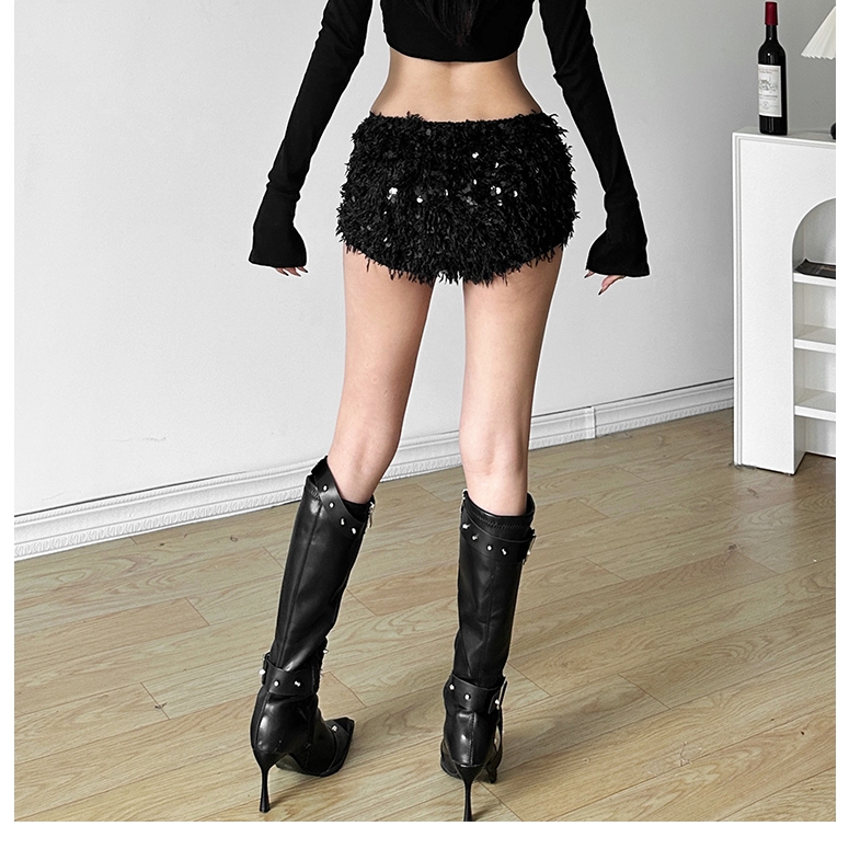 Cutenew Thời Trang Kim Sa Lấp Lánh Đen Quần Short Nữ Mùa Hè 2024 Cơ Bản Eo Thấp Slim Fit Quần Short Phong Cách Đường Phố