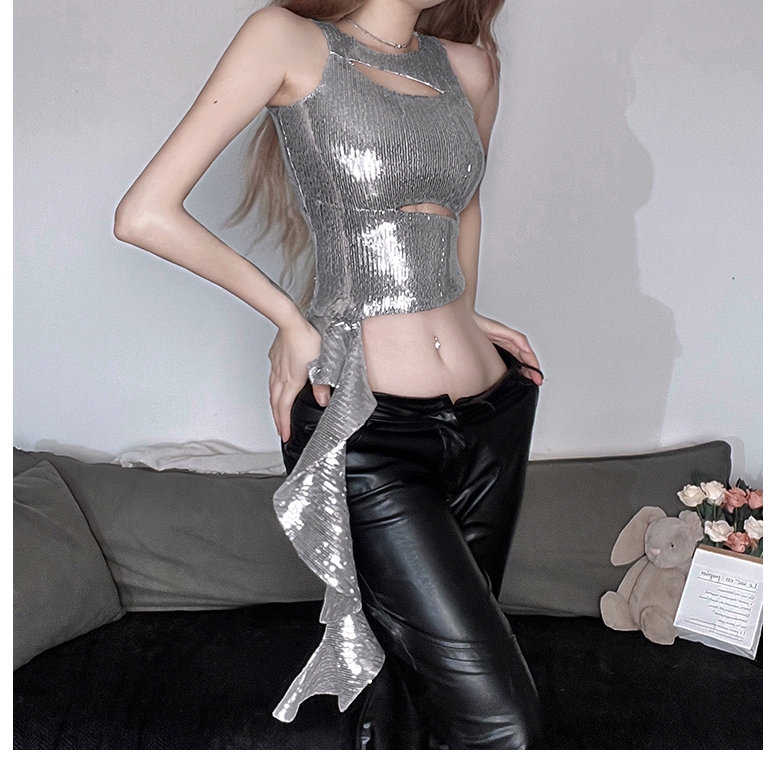 Cutenew Màu Sáng Không Đều Tua Rua Tank Top Dành Cho Nữ Mùa Hè 2024 Kim Sa Lấp Lánh Rỗng Ra Y2K Dạo Phố Crop Top
