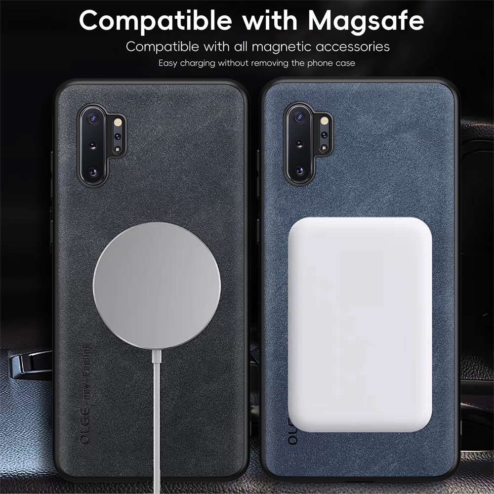 KHÔNG Dấu vân tay Vòng sắt da sang trọng cho Samsung Galaxy Note10 Plus Note 10 + Plus 5G Giá đỡ ô tô Bảo vệ từ tính Vỏ sạc không dây