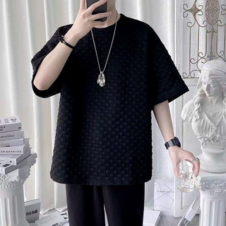 Áo thun nam ESEA 3D bàn cờ bánh quế kiểm tra tay ngắn Áo thun phong cách Hàn Quốc dáng rộng hàng đầu