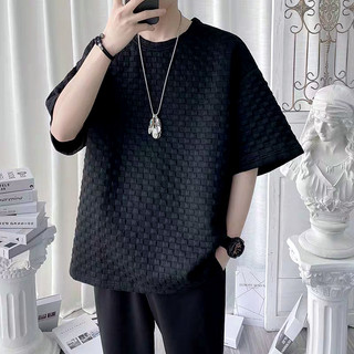 Áo thun nam ESEA 3D bàn cờ bánh quế kiểm tra tay ngắn Áo thun phong cách Hàn Quốc dáng rộng hàng đầu