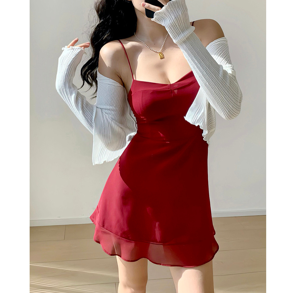 Pháp Retro Đầm Đỏ Ôm Xù Ngắn Dây Đeo Vai, Voan, Chữ A, Gợi Cảm, Mùa Hè Cho Bé Gái