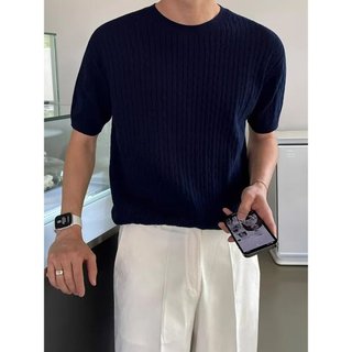 Áo len lụa băng ngắn tay cổ tròn màu trơn mùa hè dành cho nam Slim-Fit co giãn Áo thun ngắn tay thiết kế sọc dọc Áo thun nửa tay