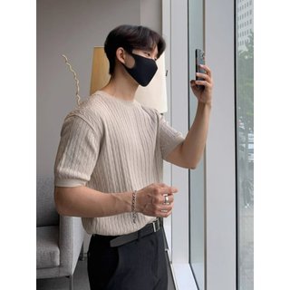Áo len lụa băng ngắn tay cổ tròn màu trơn mùa hè dành cho nam Slim-Fit co giãn Áo thun ngắn tay thiết kế sọc dọc Áo thun nửa tay