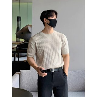 Áo len lụa băng ngắn tay cổ tròn màu trơn mùa hè dành cho nam Slim-Fit co giãn Áo thun ngắn tay thiết kế sọc dọc Áo thun nửa tay