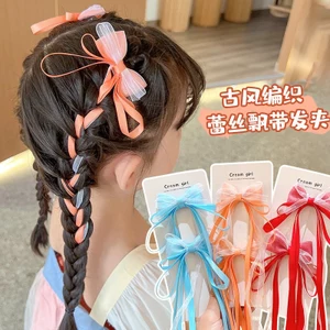 Kẹp tóc ruy băng dài dành cho trẻ em, trang phục cổ xưa, kẹp tóc bé gái, mũ lưỡi trai tua rua Hanfu, phụ kiện tóc phong cách cổ xưa dành cho nữ