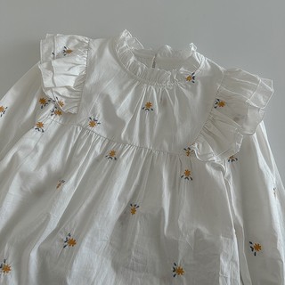 Phong Cách Hàn Quốc Nữ Nữ Rời Ruffle Thêu Hoa Dài Tay Áo Sơ Mi Áo Baju Baju Wanita Lengan Panjang