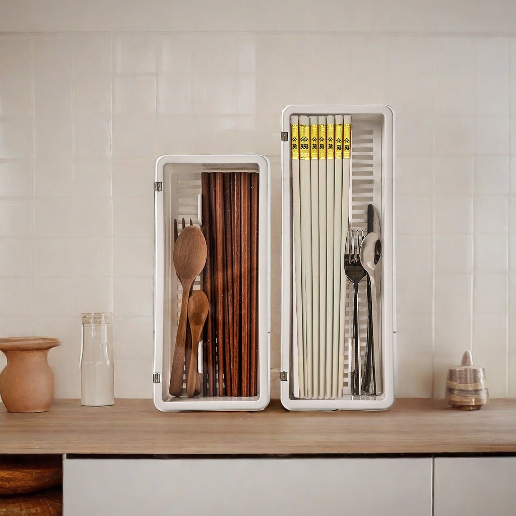 Hộp Đựng Đũa Muỗng Nĩa Nhựa Đa Năng Multi-Functional Plastic Cutlery Organizer with Adjustable Compartments – Ngăn Kéo Đựng Bộ Dao Nĩa Có Nắp Flatware Drawer Tray, Utensil Holder & Chopsticks Storage Box Space-Saving Design