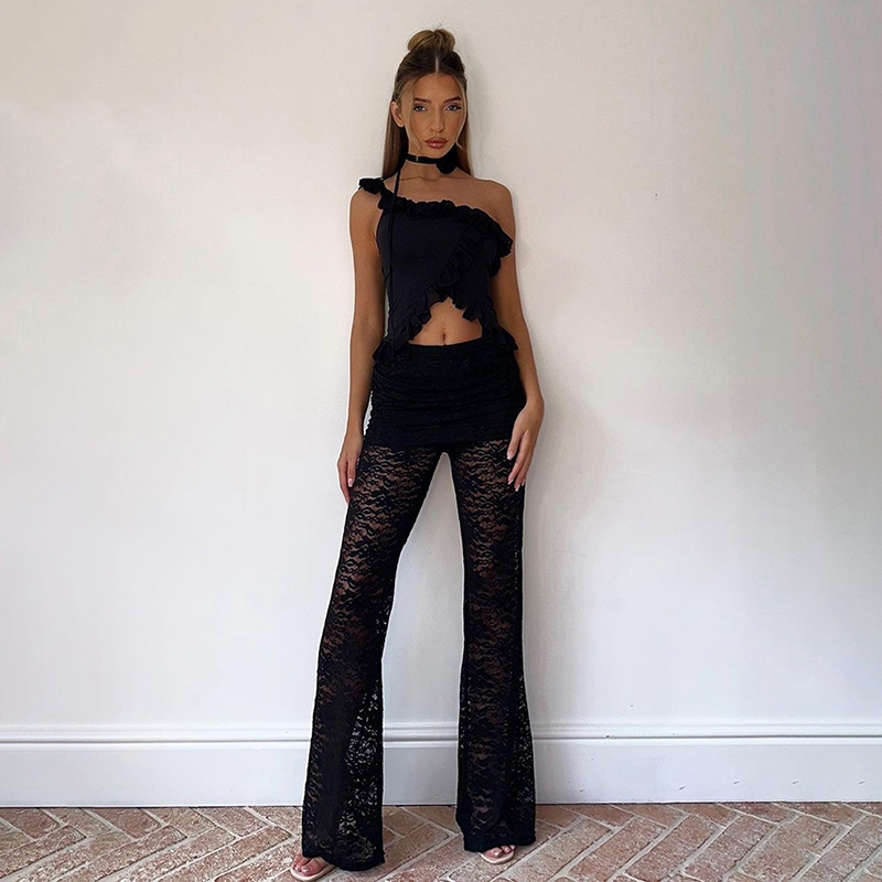Cutenew Quần Ren Gợi Cảm Nữ 2024 Xuân Hè Retro Đen Co Giãn Eo Slim Fit Quần y2k