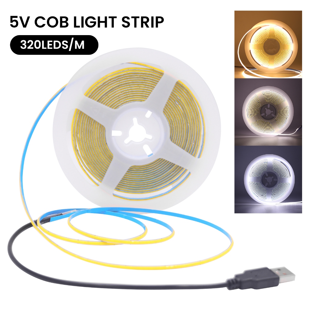 USB 5V COB Strip 320Leds / M Chiều Rộng 3MM PCB Mật Độ Cao 3000K 4000K 6000K Đỏ Xanh Xanh Xanh Băng LED Dây Ruy Băng Linh Hoạt Đèn LED 0.5m-5m