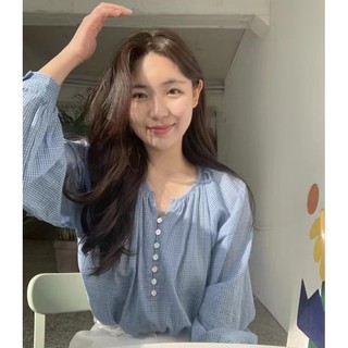 Phong cách hàn quốc nữ dáng rộng cổ điển kẻ sọc áo sơ mi dài tay baju baju wanita lengan panjang