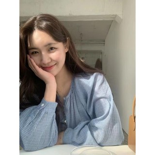 Phong cách hàn quốc nữ dáng rộng cổ điển kẻ sọc áo sơ mi dài tay baju baju wanita lengan panjang