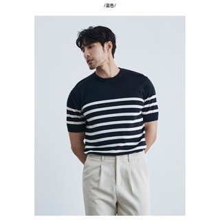 Mùa Hè Nam Cổ Tròn Tay Ngắn Băng Lụa Áo Len Phiên Bản Rộng Icy Lụa Thoáng Khí Sọc Áo Len Biển Linh Hồn Áo Sơ Mi Nam Hal