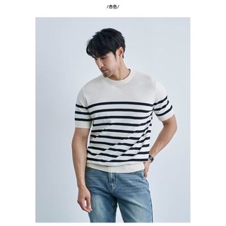 Mùa Hè Nam Cổ Tròn Tay Ngắn Băng Lụa Áo Len Phiên Bản Rộng Icy Lụa Thoáng Khí Sọc Áo Len Biển Linh Hồn Áo Sơ Mi Nam Hal