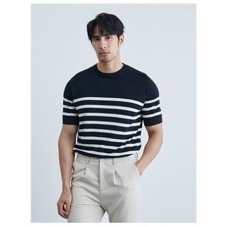 Mùa Hè Nam Cổ Tròn Tay Ngắn Băng Lụa Áo Len Phiên Bản Rộng Icy Lụa Thoáng Khí Sọc Áo Len Biển Linh Hồn Áo Sơ Mi Nam Hal