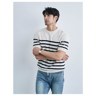 Mùa Hè Nam Cổ Tròn Tay Ngắn Băng Lụa Áo Len Phiên Bản Rộng Icy Lụa Thoáng Khí Sọc Áo Len Biển Linh Hồn Áo Sơ Mi Nam Hal