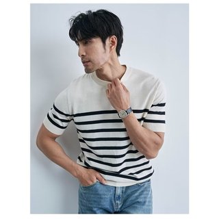 Mùa Hè Nam Cổ Tròn Tay Ngắn Băng Lụa Áo Len Phiên Bản Rộng Icy Lụa Thoáng Khí Sọc Áo Len Biển Linh Hồn Áo Sơ Mi Nam Hal