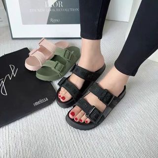 Melissa 2025 Mới Dép Nữ Nút Đôi Băng Thông Rộng Jelly Giày Thường Mở Mũi Lật Giày Đi Biển
