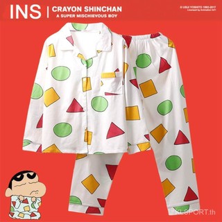 🥰Crayon Shin Chan Nam và nữ mặc cùng một bộ đồ ngủ hoạt hình dài tay có thể mặc bên ngoài bộ đồ ngủ hoạt hình ngắn tay màu có lưới.Cartoon Pajamas【LittleStar6】