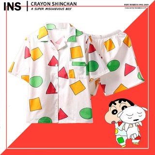 🥰Crayon Shin Chan Nam và nữ mặc cùng một bộ đồ ngủ hoạt hình dài tay có thể mặc bên ngoài bộ đồ ngủ hoạt hình ngắn tay màu có lưới.Cartoon Pajamas【LittleStar6】