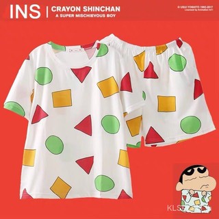 🥰Crayon Shin Chan Nam và nữ mặc cùng một bộ đồ ngủ hoạt hình dài tay có thể mặc bên ngoài bộ đồ ngủ hoạt hình ngắn tay màu có lưới.Cartoon Pajamas【LittleStar6】