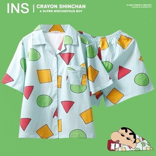 🥰Crayon Shin Chan Nam và nữ mặc cùng một bộ đồ ngủ hoạt hình dài tay có thể mặc bên ngoài bộ đồ ngủ hoạt hình ngắn tay màu có lưới.Cartoon Pajamas【LittleStar6】