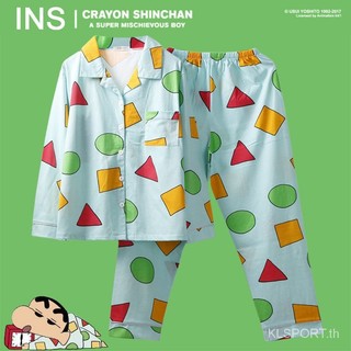 🥰Crayon Shin Chan Nam và nữ mặc cùng một bộ đồ ngủ hoạt hình dài tay có thể mặc bên ngoài bộ đồ ngủ hoạt hình ngắn tay màu có lưới.Cartoon Pajamas【LittleStar6】
