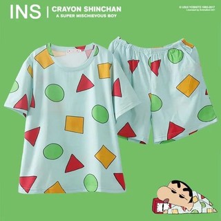 🥰Crayon Shin Chan Nam và nữ mặc cùng một bộ đồ ngủ hoạt hình dài tay có thể mặc bên ngoài bộ đồ ngủ hoạt hình ngắn tay màu có lưới.Cartoon Pajamas【LittleStar6】