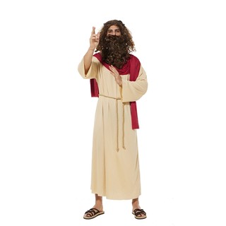 Trang phục Chúa Giêsu nam người lớn, tóc giả và râu, cosplay Kinh Thánh, áo khoác, phù hợp Halloween, trò chơi, tiệc Kitô giáo