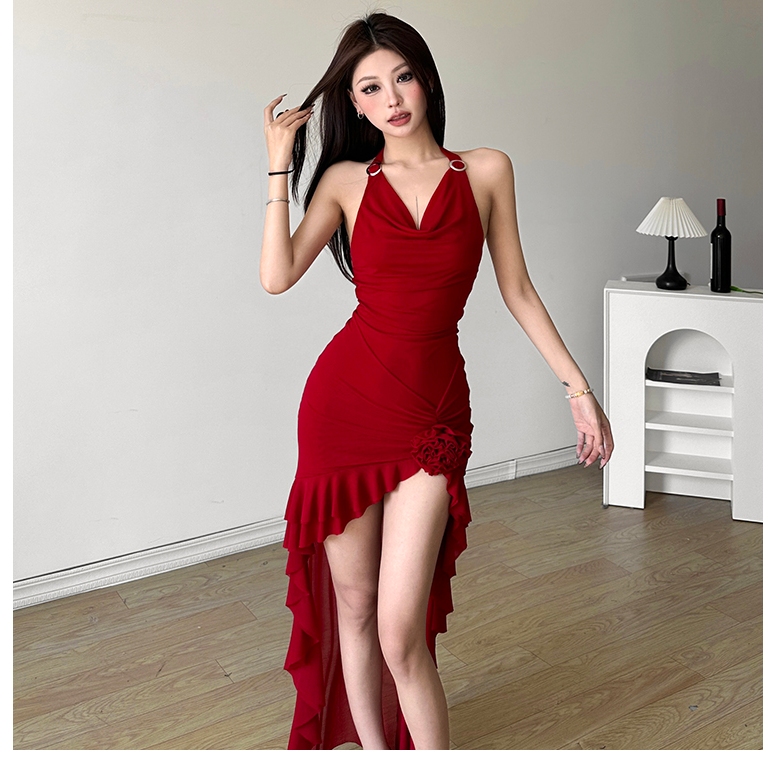 Cutenew Thanh Lịch Xù Cạnh Không Đều Lưới Chắp Vá Đầm ôm Mùa Hè Dây Cổ Chữ V Xếp Ly Mỏng Dự Tiệc Ngày Lễ Đầm