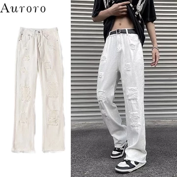 Quần jean nam rách gối quần bò ống đứng thời trang denim quần jean ống đứng hiphop quần thời trang nam Màu Trơn quần jean ống rộng rách street style