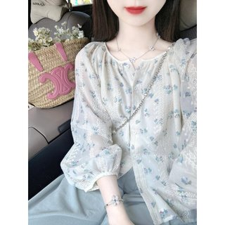 Phong Cách Hàn Quốc Nữ Nữ Rời Vintage Thêu Hoa Dài Tay Áo Sơ Mi Áo Baju Baju Wanita Lengan Panjang