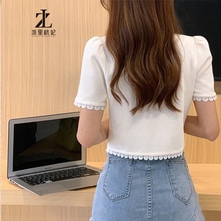 Áo len dệt kim ren dành cho nữ Áo khoác ngắn tay phồng tay áo