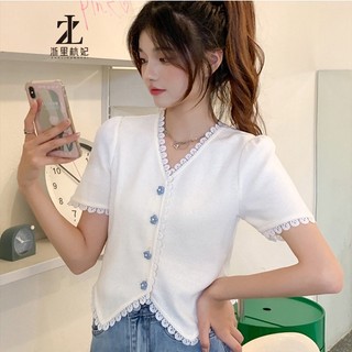 Áo len dệt kim ren dành cho nữ Áo khoác ngắn tay phồng tay áo