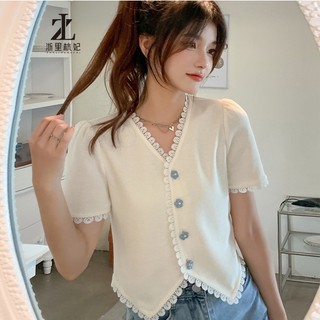 Áo len dệt kim ren dành cho nữ Áo khoác ngắn tay phồng tay áo