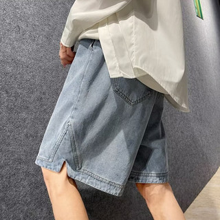 Quần short denim nam ESEA, thời trang và phổ biến kiểu Mỹ cổ điển dáng rộng giản dị mùa hè mỏng chất lượng cao phong cách trung tính quần short denim xẻ tà phong cách