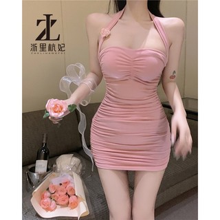 ZHELIHANGFEI Pure Desire Dây Cổ Dây Không Tay Đầm Nữ Hồng Gợi Cảm Váy Ngắn Hẹp Eo Túi Hông Váy